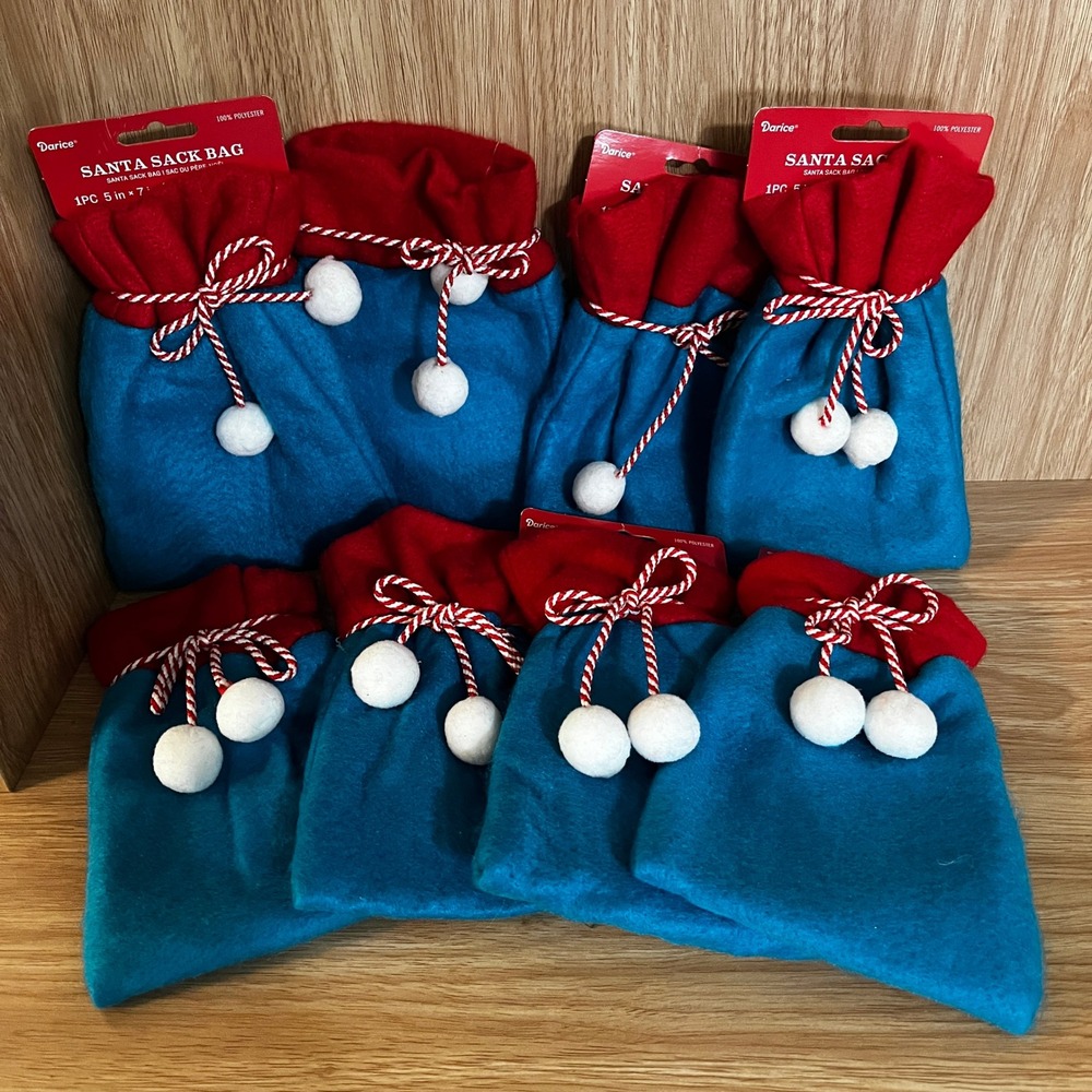 Darice Santa Sack Bag Lot of 8 Teal Red Felt Christmas Gift Pouch 5x7 New! Decor